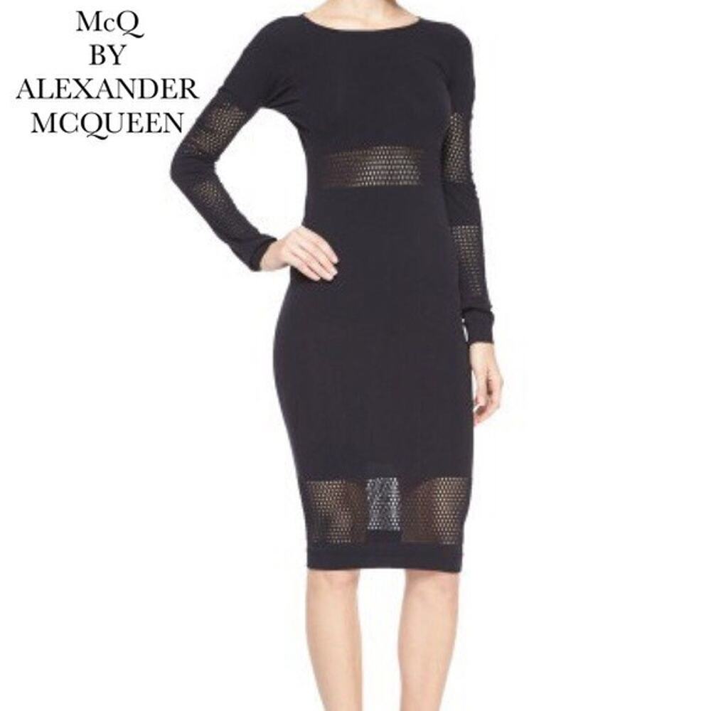 McQ BY ALEXANDER MCQUEEN Long-sleeve Mesh BODY-CON DRESS Sz XS/S Black #FC501